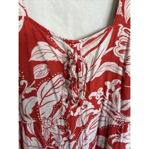 Red Floral Linen Blend Lace Up Dress Flower Maxi Pockets Who What Wear Size S - Picture 5 of 13